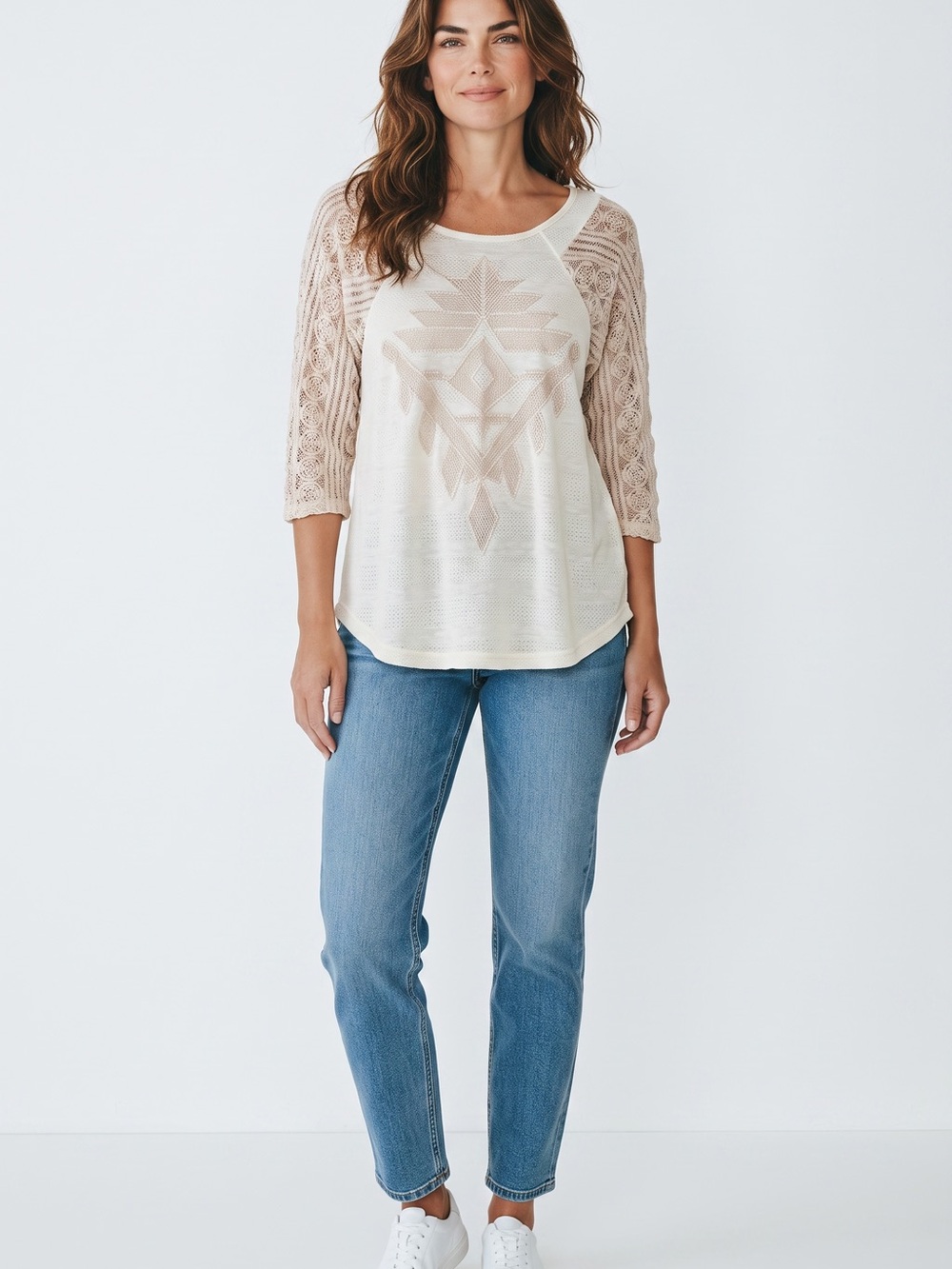 Cream Lace-Sleeve Knit Top - Women's Casual Pullover